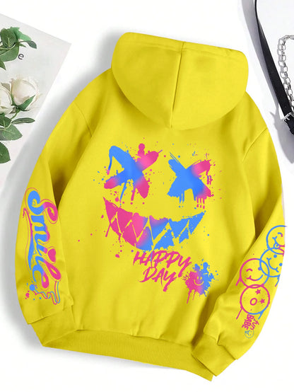 Happy Day Graffiti Print Women Hoodie Oversize Street Hip-Hop Hoody Fashion
