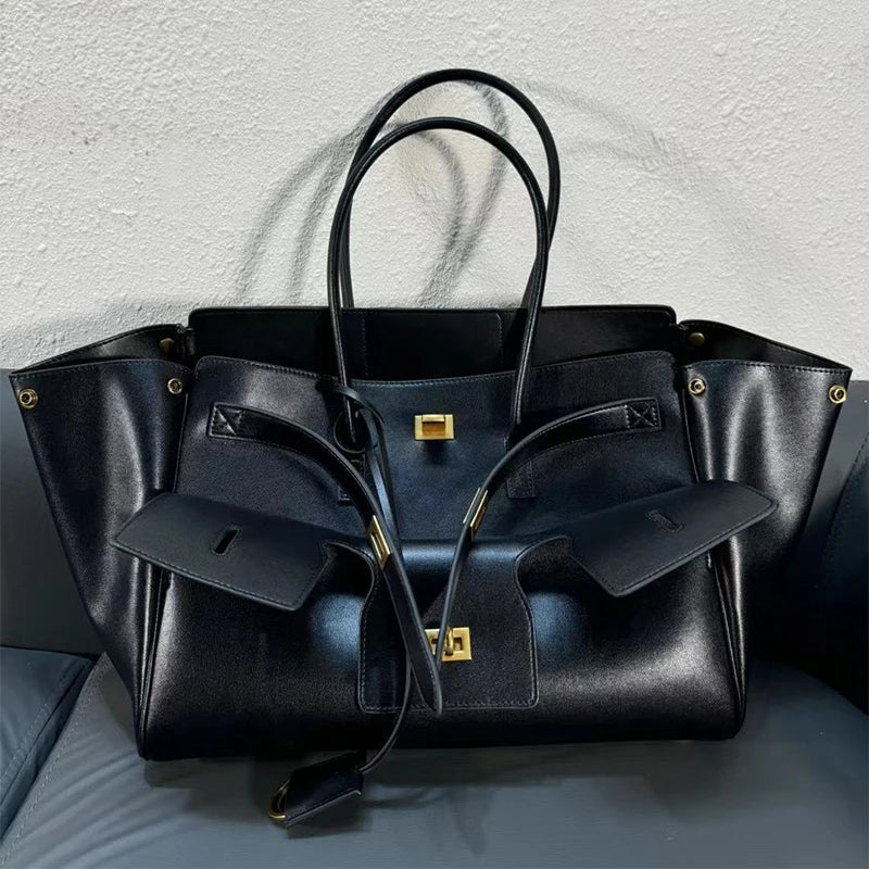 Luxury Leather Wing Tote Bag for Women – Large Lock Clutch Shoulder Bag