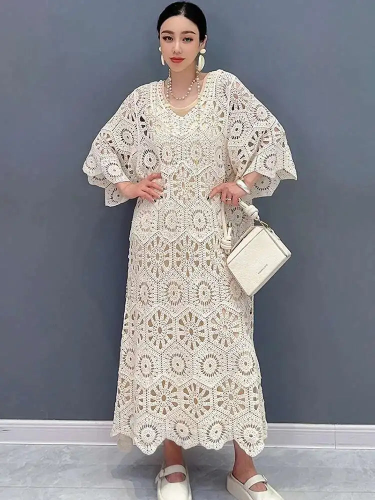 Women's Dress Hooked Flower Hollow Elegant Fashion Loose Beautiful Long Dresses 2025