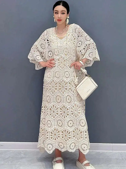 Women's Dress Hooked Flower Hollow Elegant Fashion Loose Beautiful Long Dresses 2025