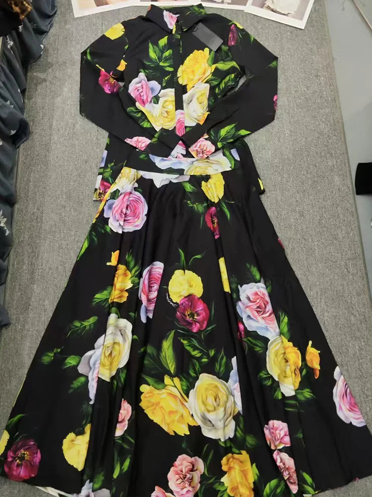 Printed Lapel Single-Breasted Long-Sleeved Shirt 2025 Spring New Two-Piece Suit big Skirt fashion women
