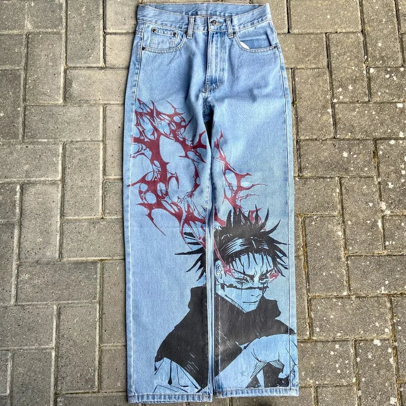 Y2K Anime Baggy Denim Pants Trend Hand Drawn Printed Pattern Unisex Jeans