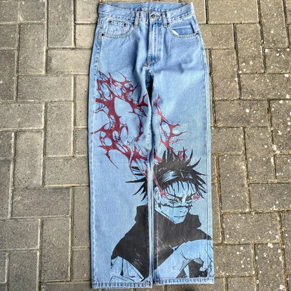 Y2K Anime Baggy Denim Pants Trend Hand Drawn Printed Pattern Unisex Jeans