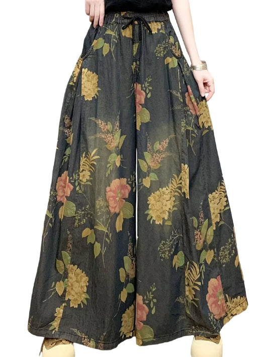 Vintage Luxury Wide-Leg Floral Leisure Jeans for Women