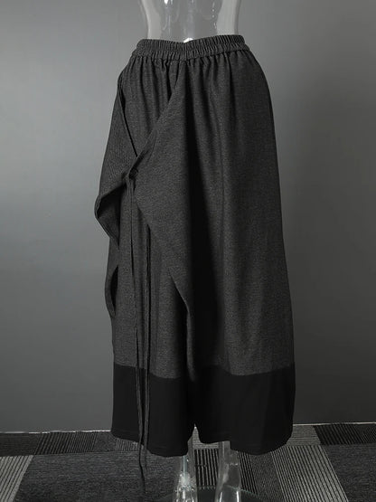 High Elastic Waist Dark Gray Irregular Bandage Wide Leg Pants Autumn 2025