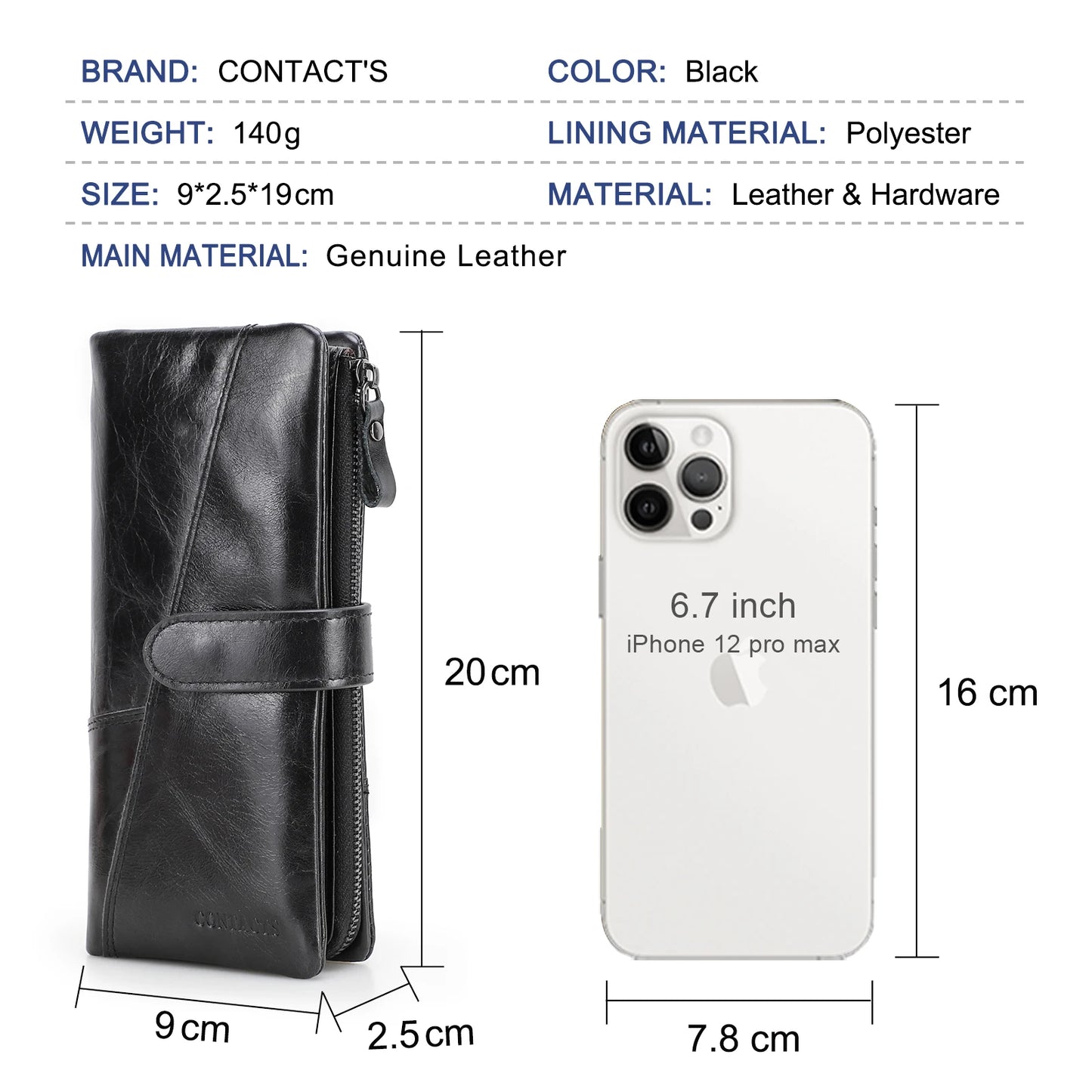 Genuine Leather Men's Long Wallet With Phone Bag Zipper Coin Pocket Purse Male Clutch