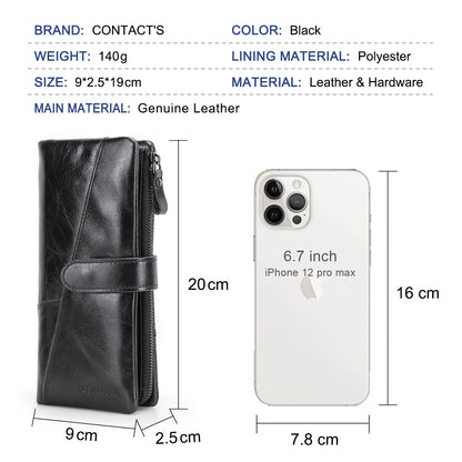 Genuine Leather Men's Long Wallet With Phone Bag Zipper Coin Pocket Purse Male Clutch