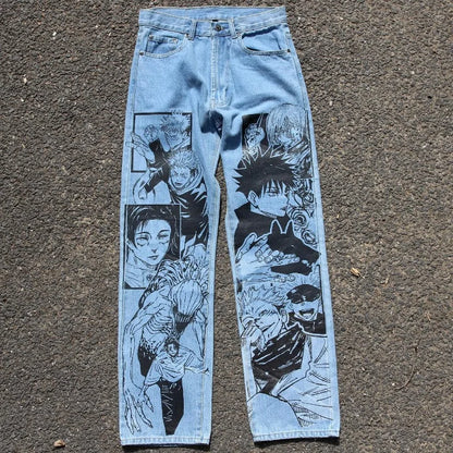 Y2K Anime Baggy Denim Pants Trend Hand Drawn Printed Pattern Unisex Jeans