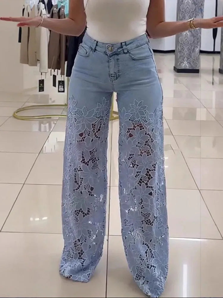 Plus Size Lace Spliced Elegant Denim Jeans New 2025