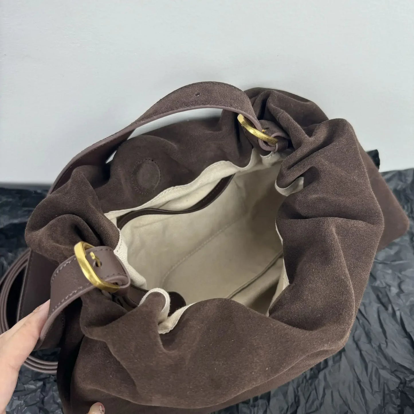 Elegant Khaki Coffee Matte Suede Shoulder Bag