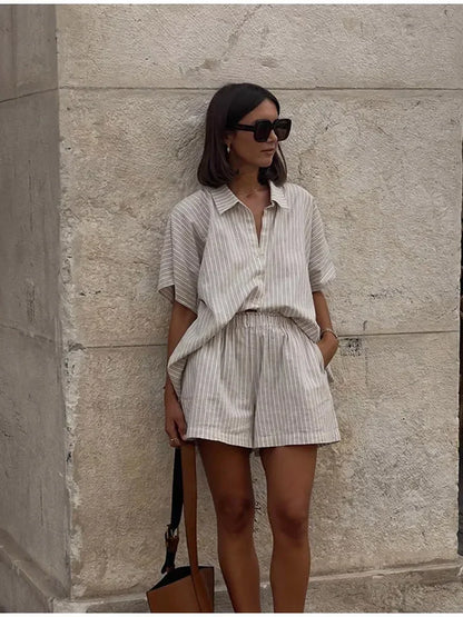 Women's Stripe Print Coordinated Set: Shirt + Lace-Up Shorts
