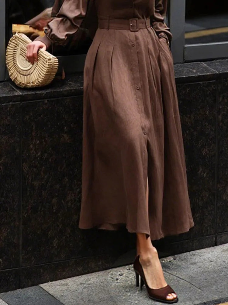 Long Sleeve Lapel Shirt Dress Pleated Belt Maxi Dress Fall 2025