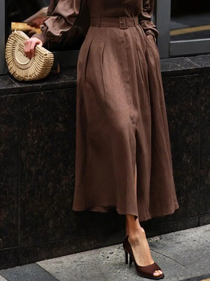 Long Sleeve Lapel Shirt Dress Pleated Belt Maxi Dress Fall 2025