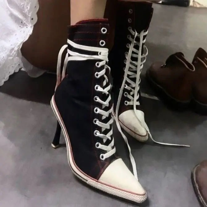 Lace-Up Design Spike Heel Canvas Women’s Fashion Boots