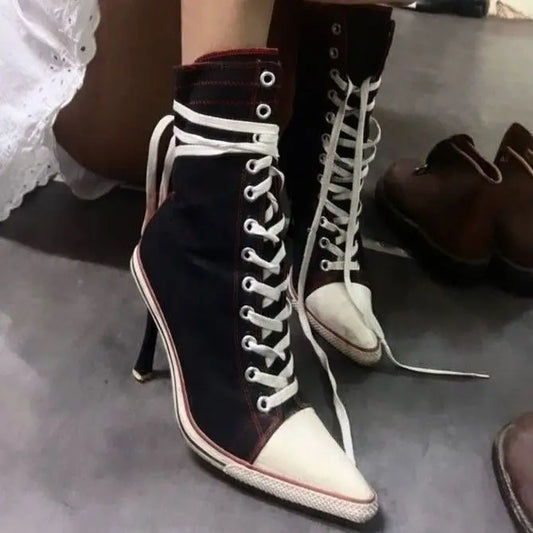 Lace-Up Design Spike Heel Canvas Women’s Fashion Boots