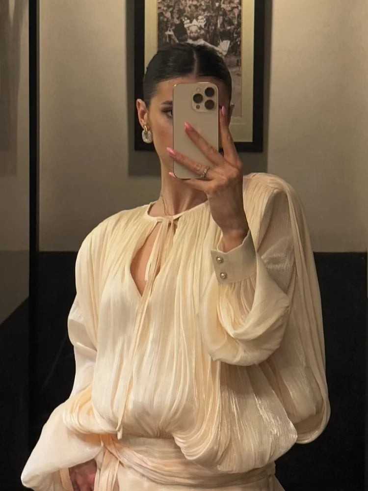 White Pleated Lantern Sleeve Mini Dress New 2025