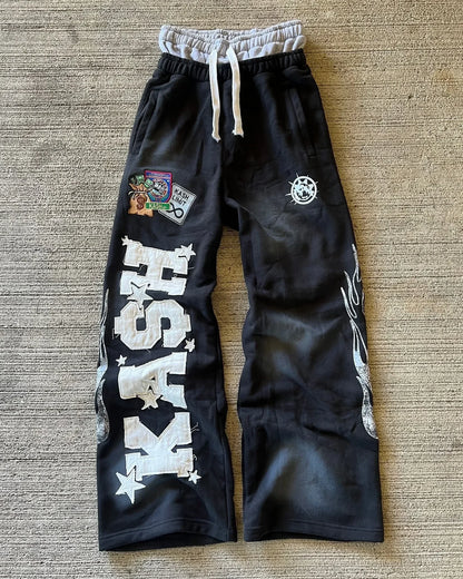 American Letter Patch Retro Double Layer Design Y2K Baggy Sweatpants