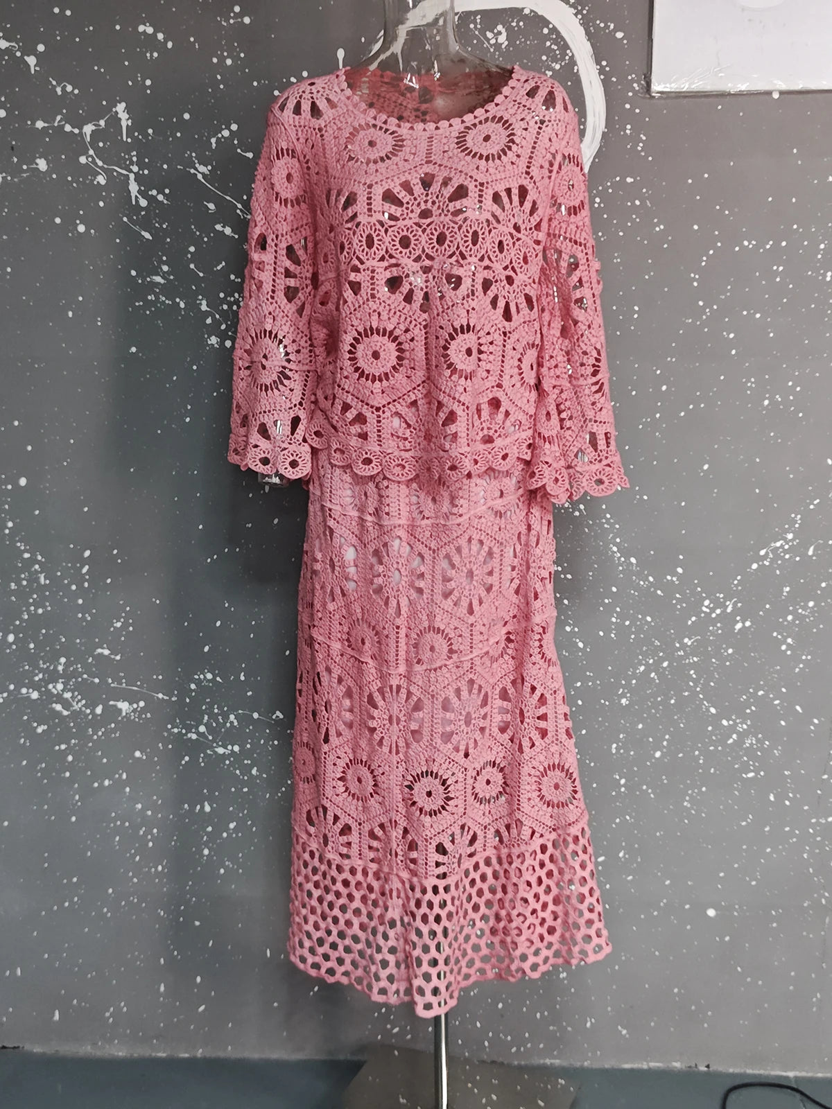 Elegant & Effortless: 2025 Lace Hollow Top and Swing Skirt Set