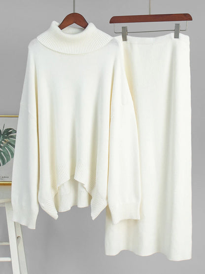Blue Knit 2-Piece Set – Turtleneck Long Sleeve Sweater & Ankle-Length Skirt for Women
