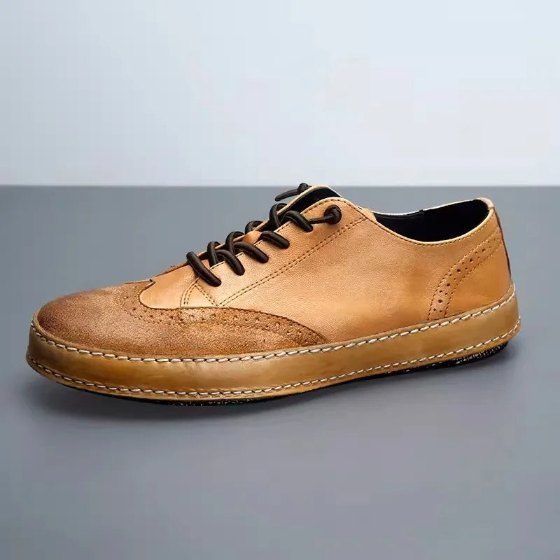 Handmade Vintage Wing Tip Brogues Men Platform Slip On Loafers Cowhide Genuine Leather