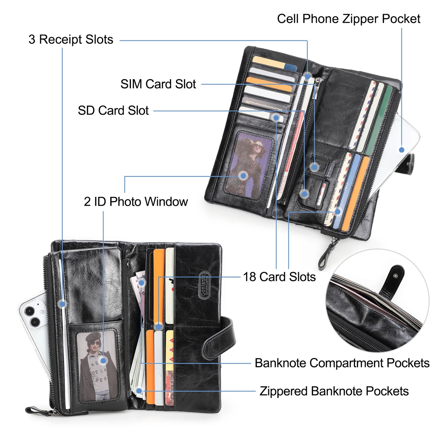 Genuine Leather Men's Long Wallet With Phone Bag Zipper Coin Pocket Purse Male Clutch