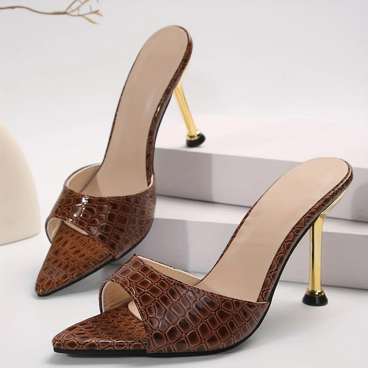 Glamorous Crocodile Texture High Heel Sandals - Chic Slip-On Stilettos with Pointy Peep Toe