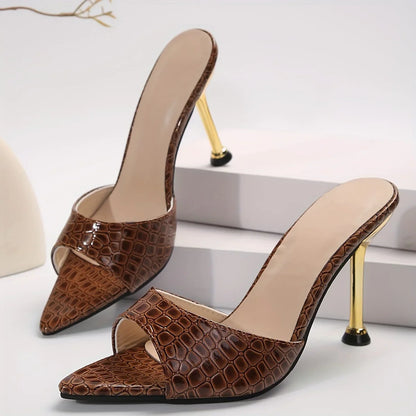 Glamorous Crocodile Texture High Heel Sandals - Chic Slip-On Stilettos with Pointy Peep Toe