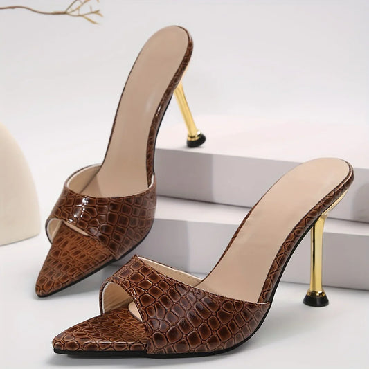 Glamorous Crocodile Texture High Heel Sandals - Chic Slip-On Stilettos with Pointy Peep Toe