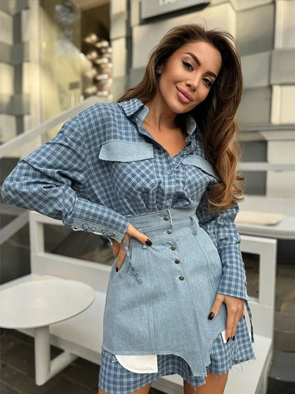 Trendy Women's Shirt with Denim-Like Belted Waist Skirt Set Chic Office Casual Outfit