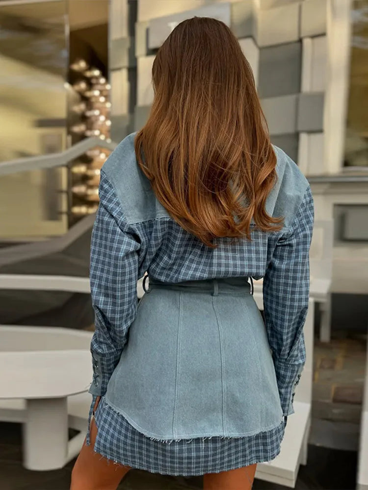 Trendy Women's Shirt with Denim-Like Belted Waist Skirt Set Chic Office Casual Outfit