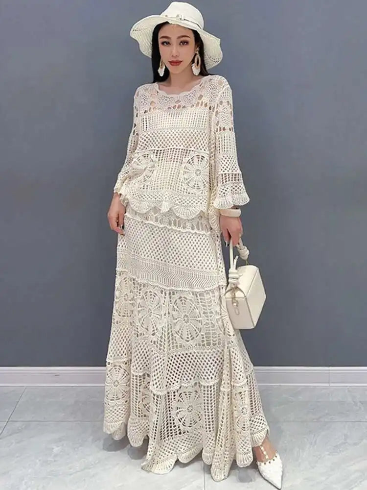 Elegant & Effortless: 2025 Lace Hollow Top and Swing Skirt Set