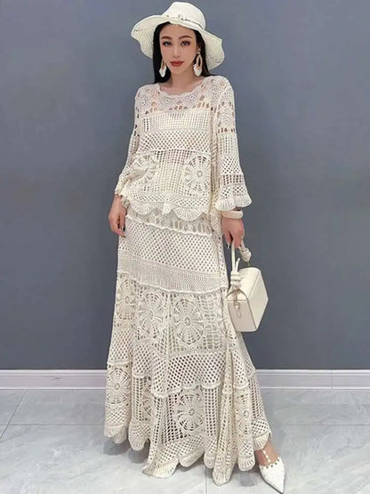 Elegant & Effortless: 2025 Lace Hollow Top and Swing Skirt Set
