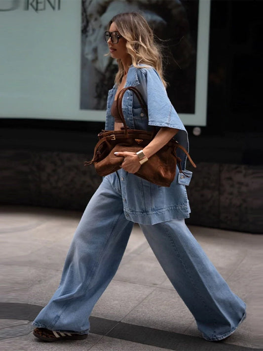 Women's Oversized Denim Two Piece Set Trendy Loose Fit Jacket Matching Wide Leg Jeans Chic Outfits