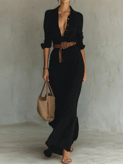 Women's Minimalist Solid Color Belted Lapel Shirt Dress