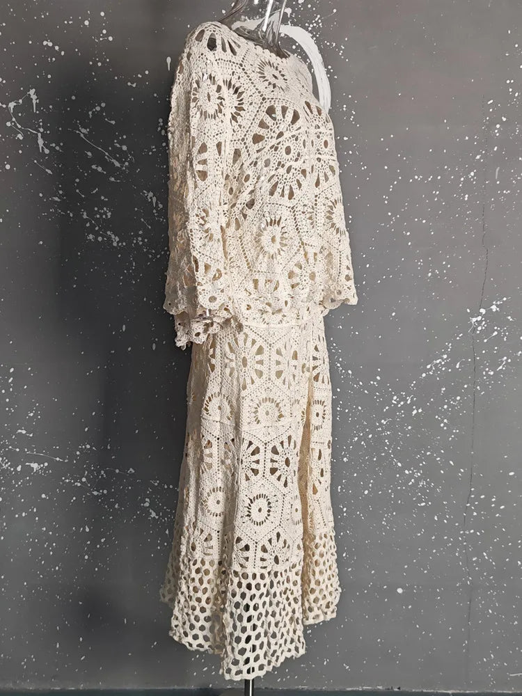 Elegant & Effortless: 2025 Lace Hollow Top and Swing Skirt Set