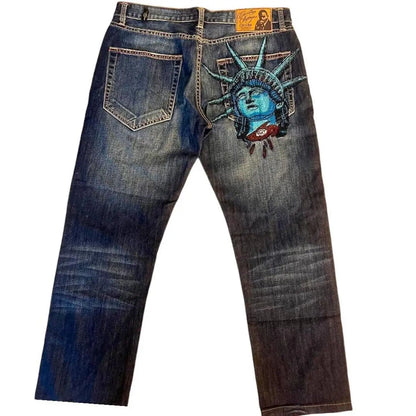 Y2k 2000s Statue of Liberty Diamond Print Harajuku Jeans