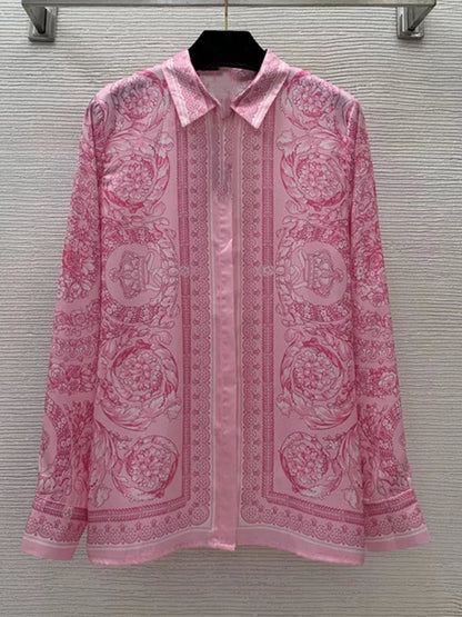 Luxury geometric printing long-sleeved shirt spring and summer new two-piece suit+high waist pleated skirt fashion women's suit