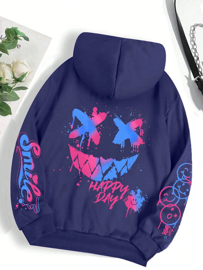 Happy Day Graffiti Print Women Hoodie Oversize Street Hip-Hop Hoody Fashion