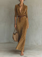 Women's Minimalist Solid Color Belted Lapel Shirt Dress