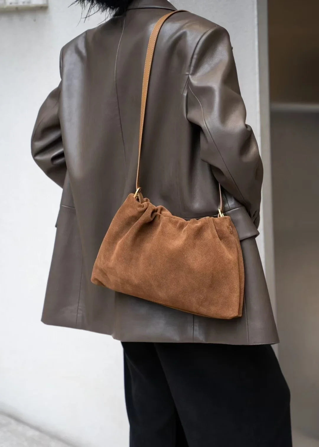 Elegant Khaki Coffee Matte Suede Shoulder Bag