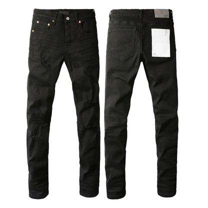 Men's Luxury Distressed Black Streetwear High Stretch Skinny Button Fly Ripped Jean Pants