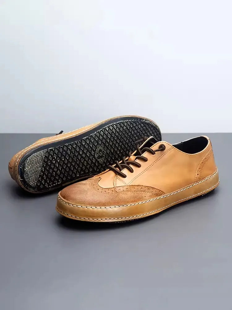 Handmade Vintage Wing Tip Brogues Men Platform Slip On Loafers Cowhide Genuine Leather