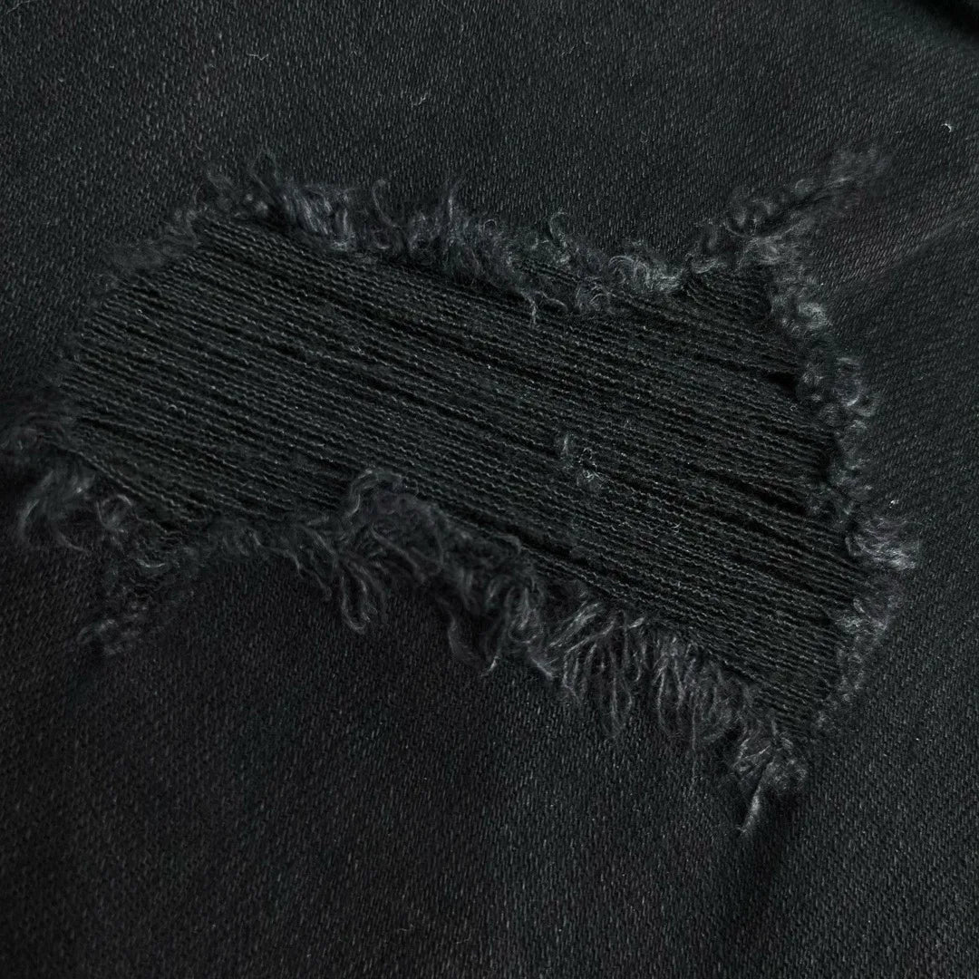 Men's Paisley florals prints leather ribbed patch distressed black jeans