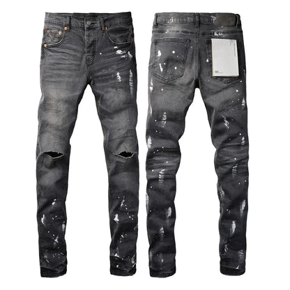 Men's Luxury Distressed Black Streetwear High Stretch Skinny Button Fly Ripped Jean Pants