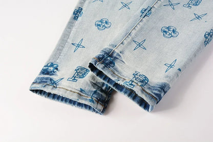 High quality Purples jeans Men High street blue print letters Fashion Repair Low Rise