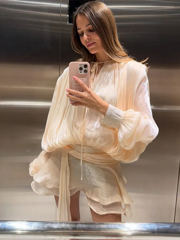 White Pleated Lantern Sleeve Mini Dress New 2025