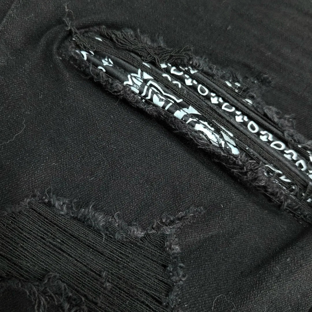 Men's Paisley florals prints leather ribbed patch distressed black jeans