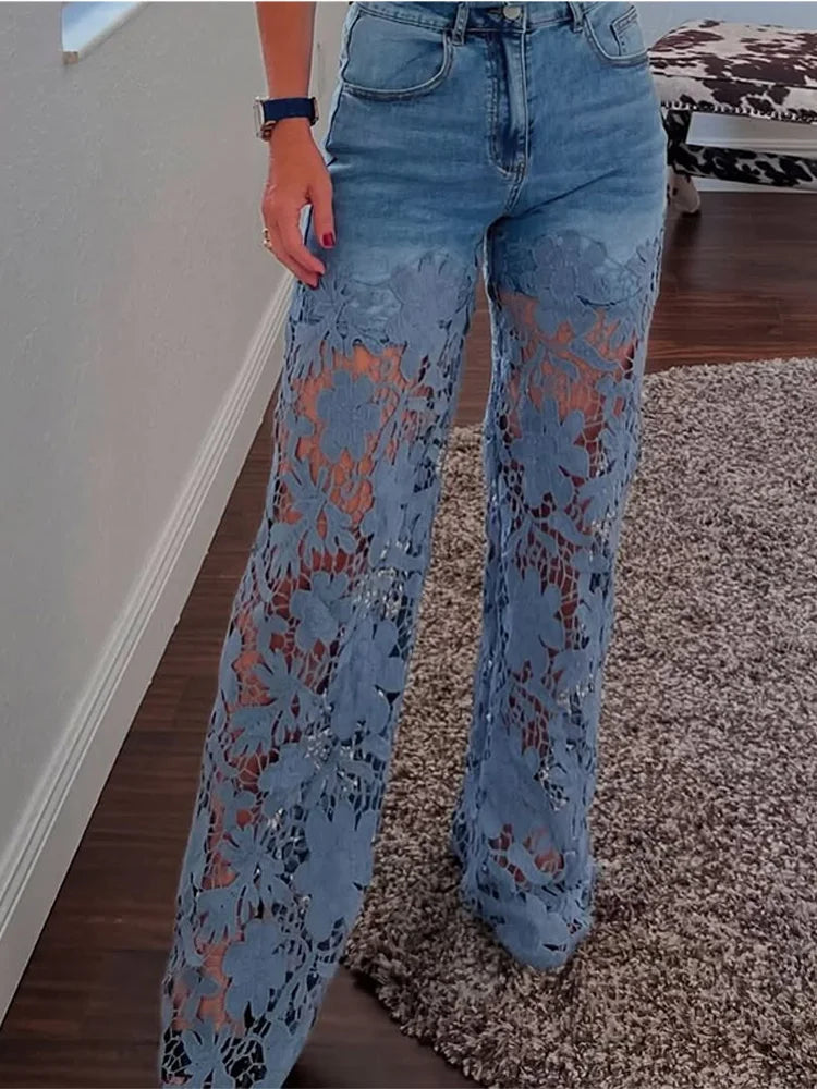 Plus Size Lace Spliced Elegant Denim Jeans New 2025