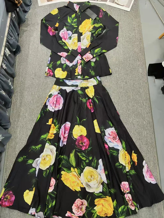 Printed Lapel Single-Breasted Long-Sleeved Shirt 2025 Spring New Two-Piece Suit big Skirt fashion women