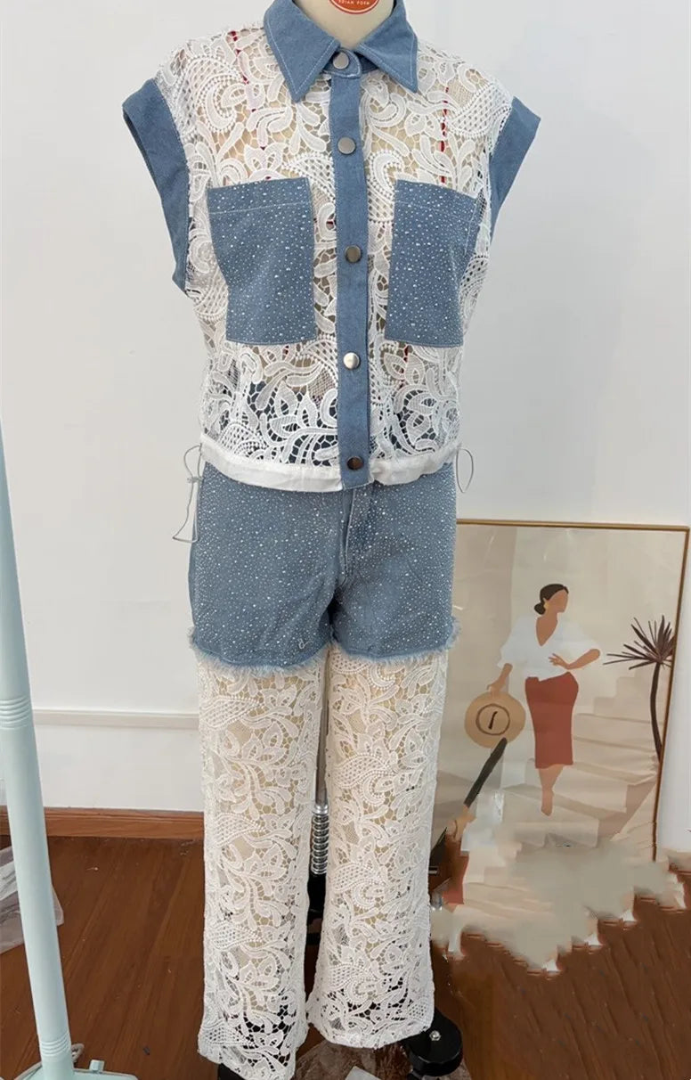 Chic Women's Denim Sparkling Lace Pants Set